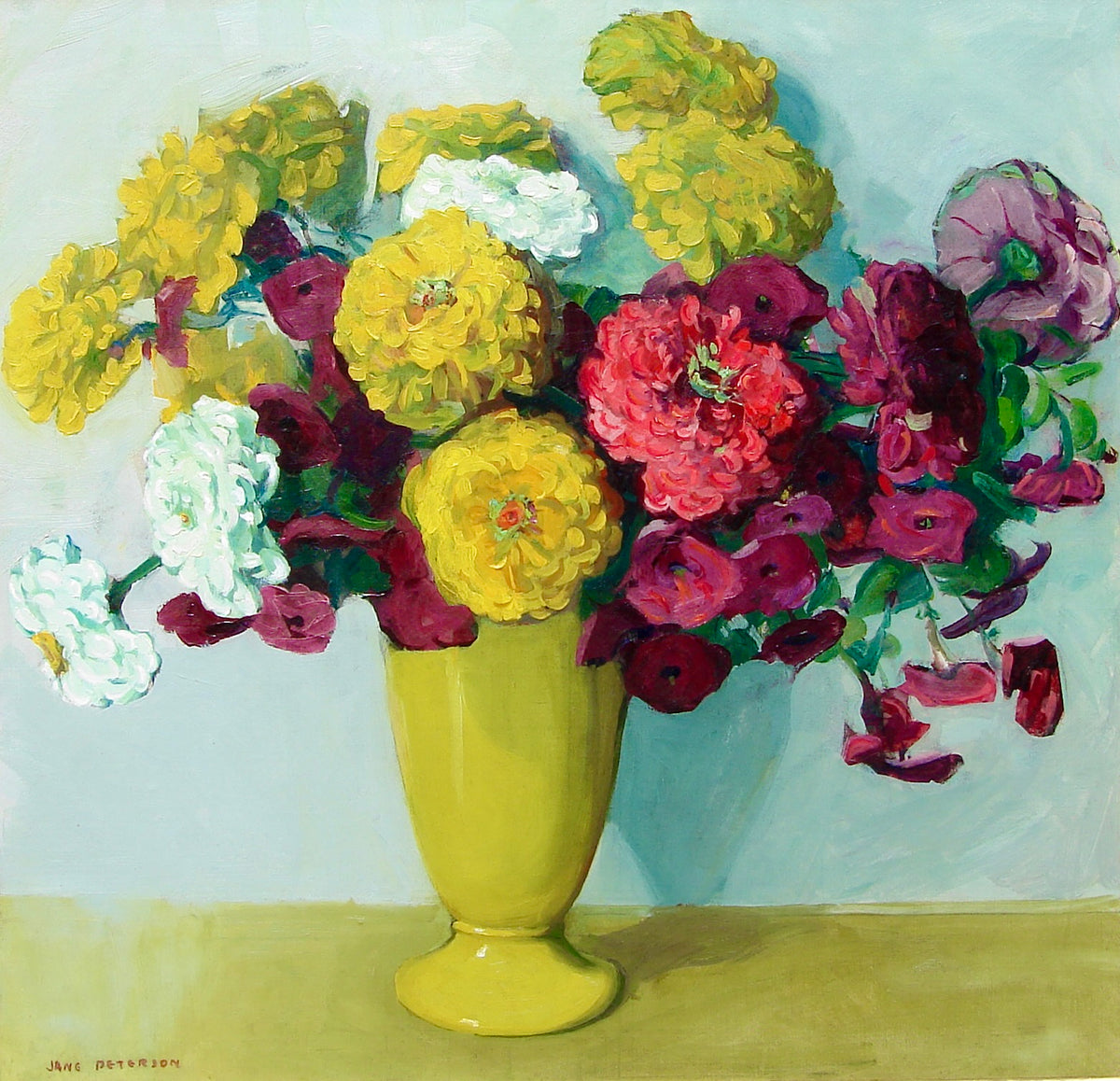 Zinnias in a Yellow Vase